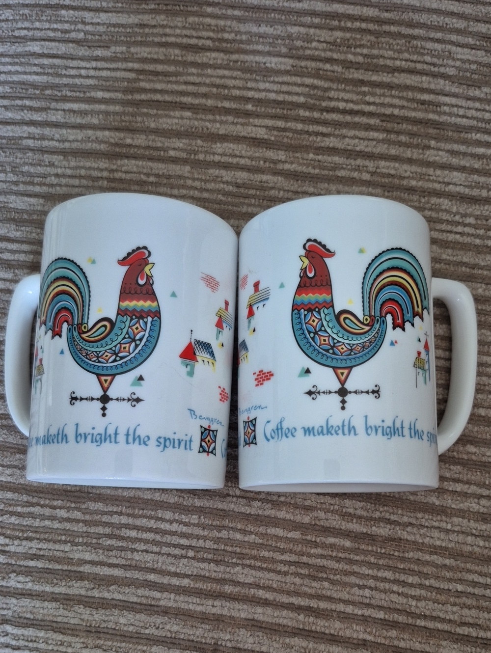 2 Vtg. Bergquist Maketh Bright the Spirit White Rooster Mug by Berggren.